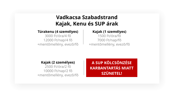 Vadkacsa Szabadstrand Kajak, Kenu és SUP árak Túrakenu (4 személyes) 3000 Ft/óra/4 fő 12000 Ft/nap/4 fõ +mentõmellény, evezõ/fõ Kajak (1 személyes) 1500 Ft/óra/fõ 7000 Ft/nap/fõ +mentõmellény, evezõ/fõ Kajak (2 személyes) 2500 Ft/óra/2 fõ 10000 Ft/nap/2 fõ +mentõmellény, evezõ/fõ SUP 2000 Ft/óra/fõ 10000 Ft/nap/fõ   +mentõmellény, evezõ/fõ A SUP KÖLCSÖNZÉSE KARBANTARTÁS MIATT SZÜNETEL!